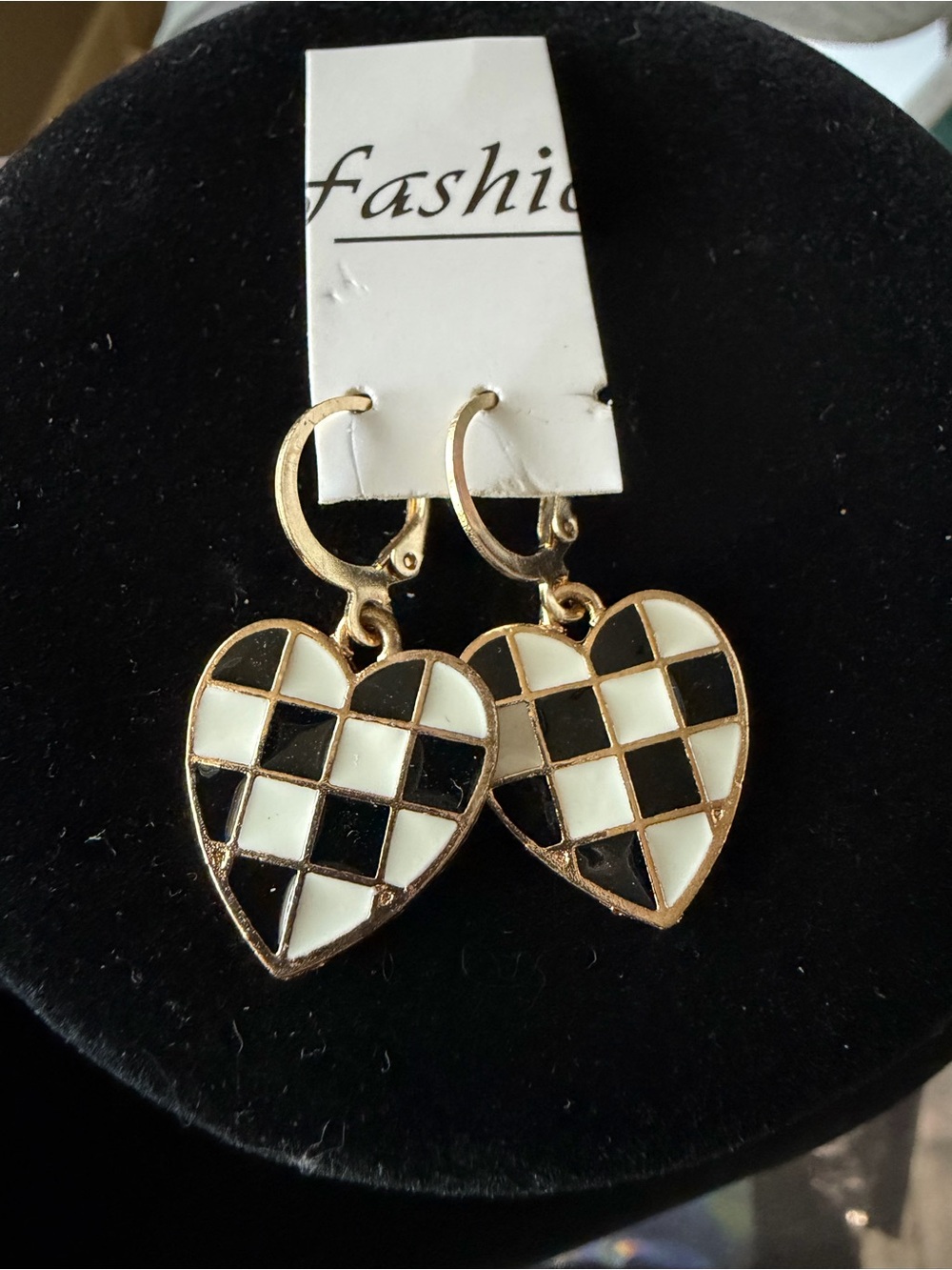 Gold Heart Checkerboard Drop Earrings - Black & White